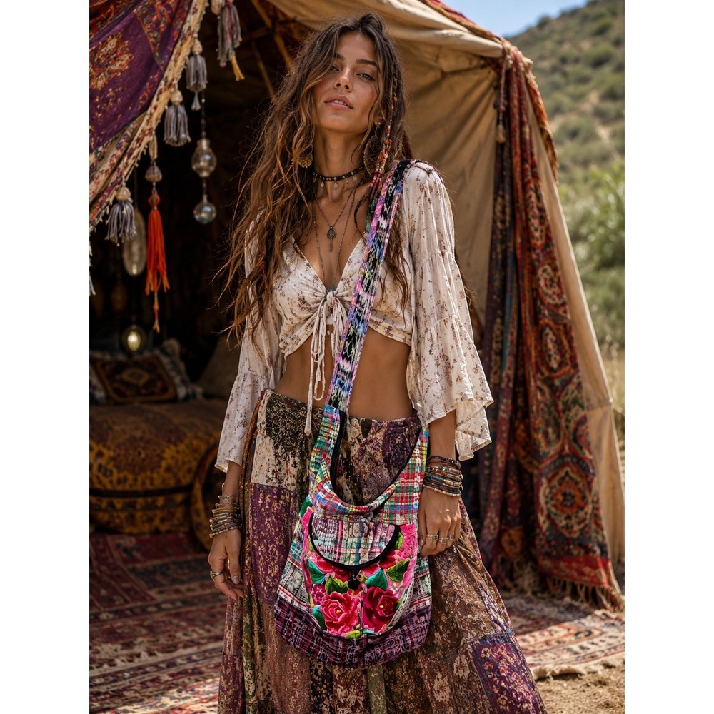 Floral Embroidered Boho Ikat Women Crossbody Bag Handwoven Artsy Hippie Folk